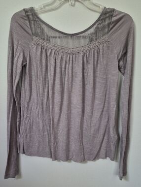 Y2K Mudd Sheer Lace Yoke L/S Knit Top Juniors XS Light Mauve Purple Keyhole Back